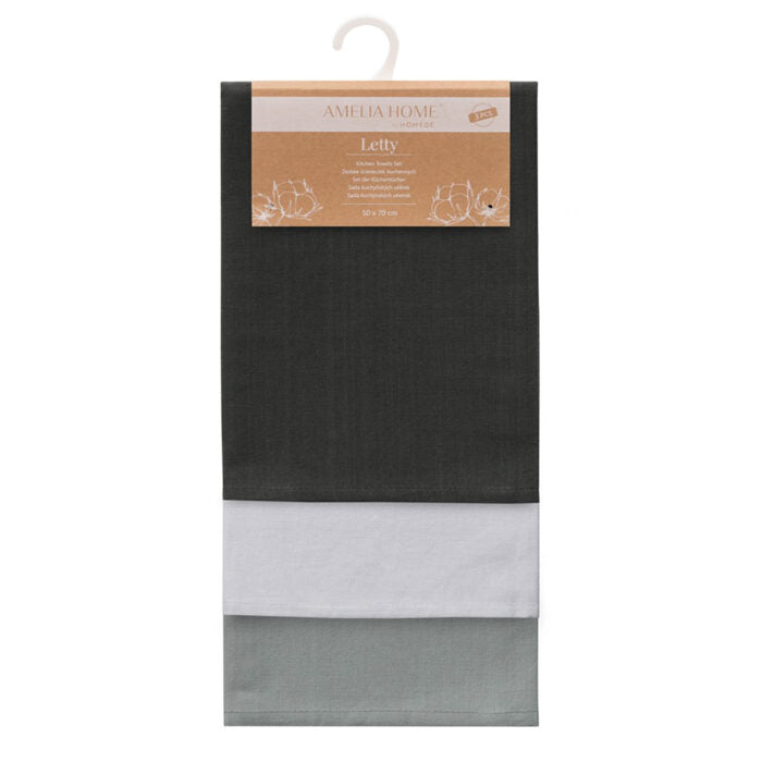 Set 3 prosoape de bucatarie din bumbac, stil clasic, Letty, Gri