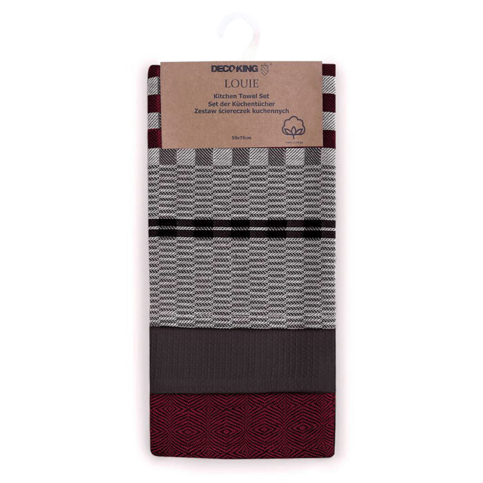 Set 3 prosoape de bucatarie din bumbac, stil clasic, Louie, Grena