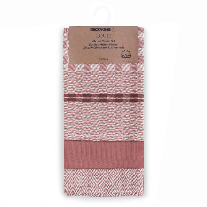 Set 3 prosoape de bucatarie din bumbac, stil clasic, Louie, Roz pudra