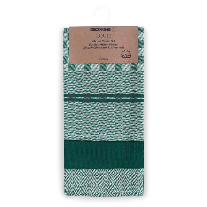 Set 3 prosoape de bucatarie din bumbac, stil clasic, Louie, Verde