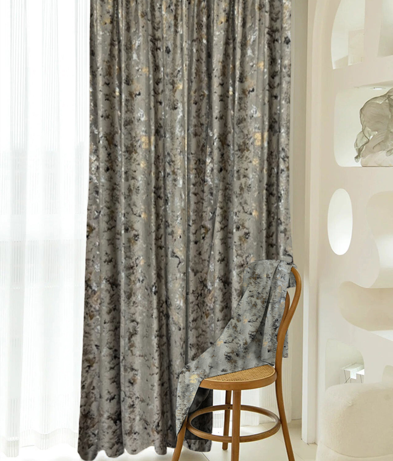 Set draperii din catifea texturata cu inele auriu antic, Madison, densitate 700 g/ml, Chameli, 2 buc