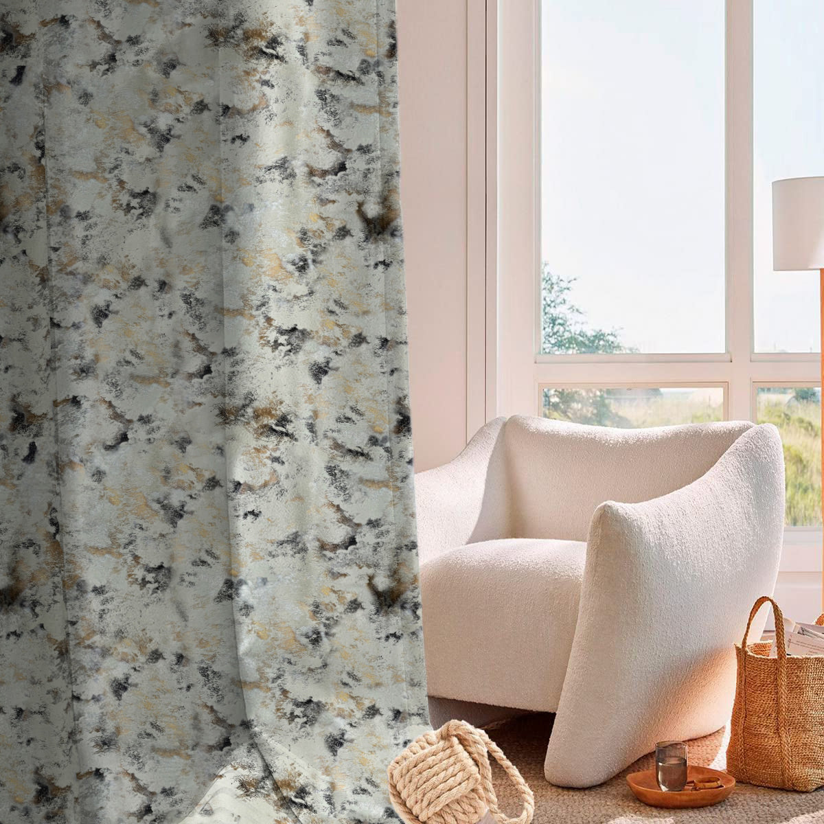 Set draperii din catifea texturata cu rejansa transparenta cu ate pentru galerie, Madison, densitate 700 g/ml, Leonor, 2 buc