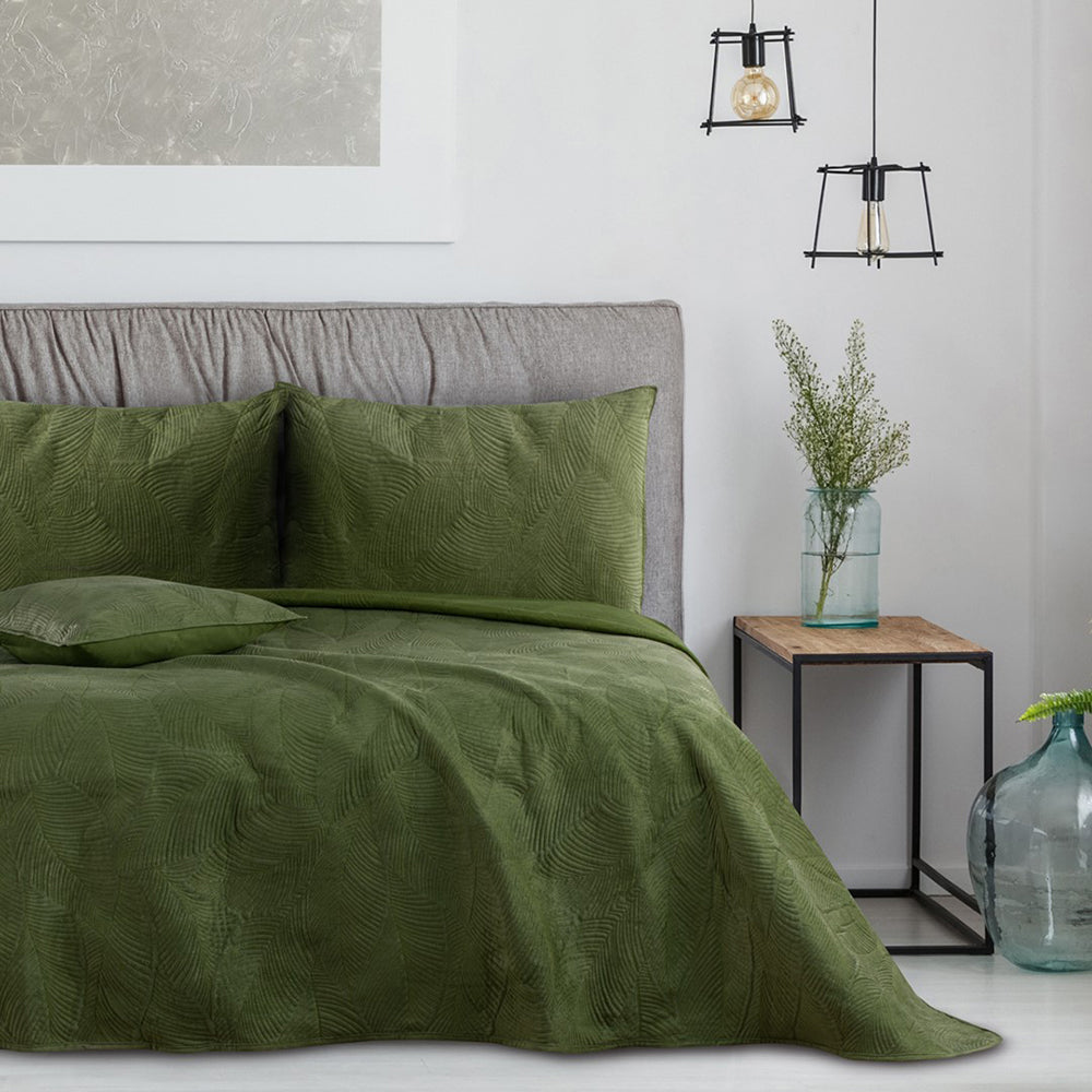 Cuvertura de pat din catifea stil modern, Palsha, 180 g/m2, verde