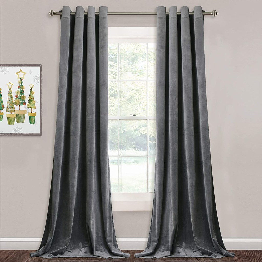Set draperii din catifea cu inele maro, Premium, densitate 700 g/mp, Gri, 2 buc