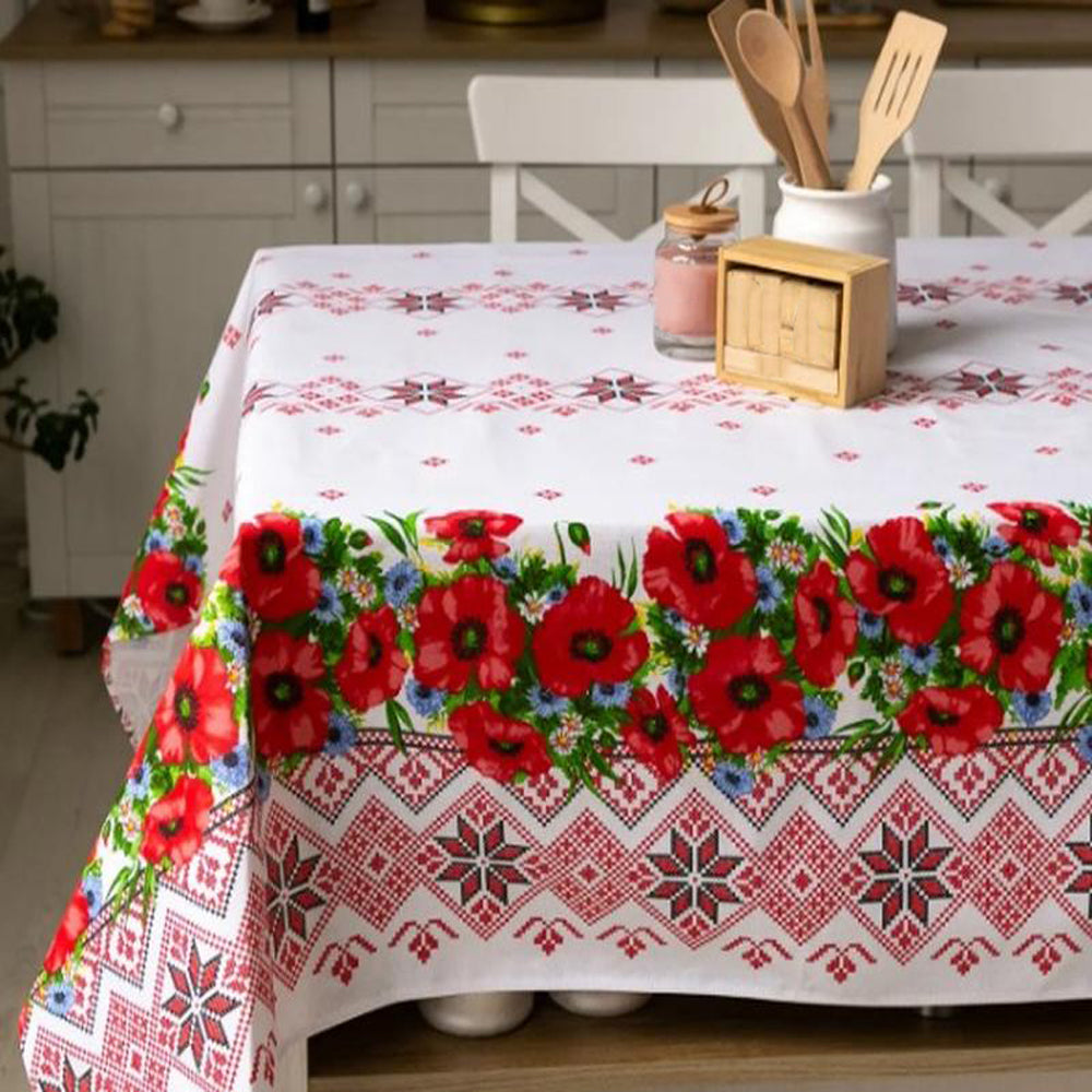 Fata de masa din bumbac 100%, Traditional Maci, Rosu-Alb, 1 buc