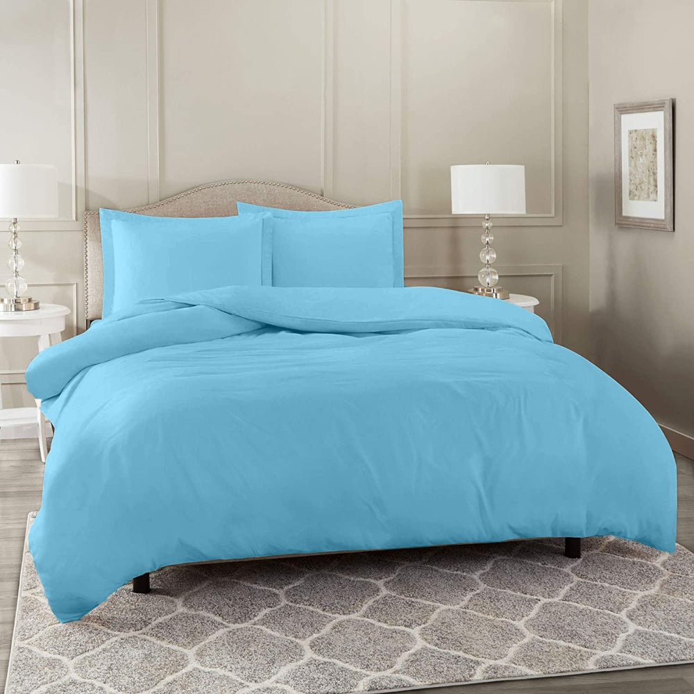 Lenjerie de pat matrimonial cu husa de perna dreptunghiulara, Azure, bumbac ranforce, gramaj tesatura 120 g/mp, 4 piese, Bleu