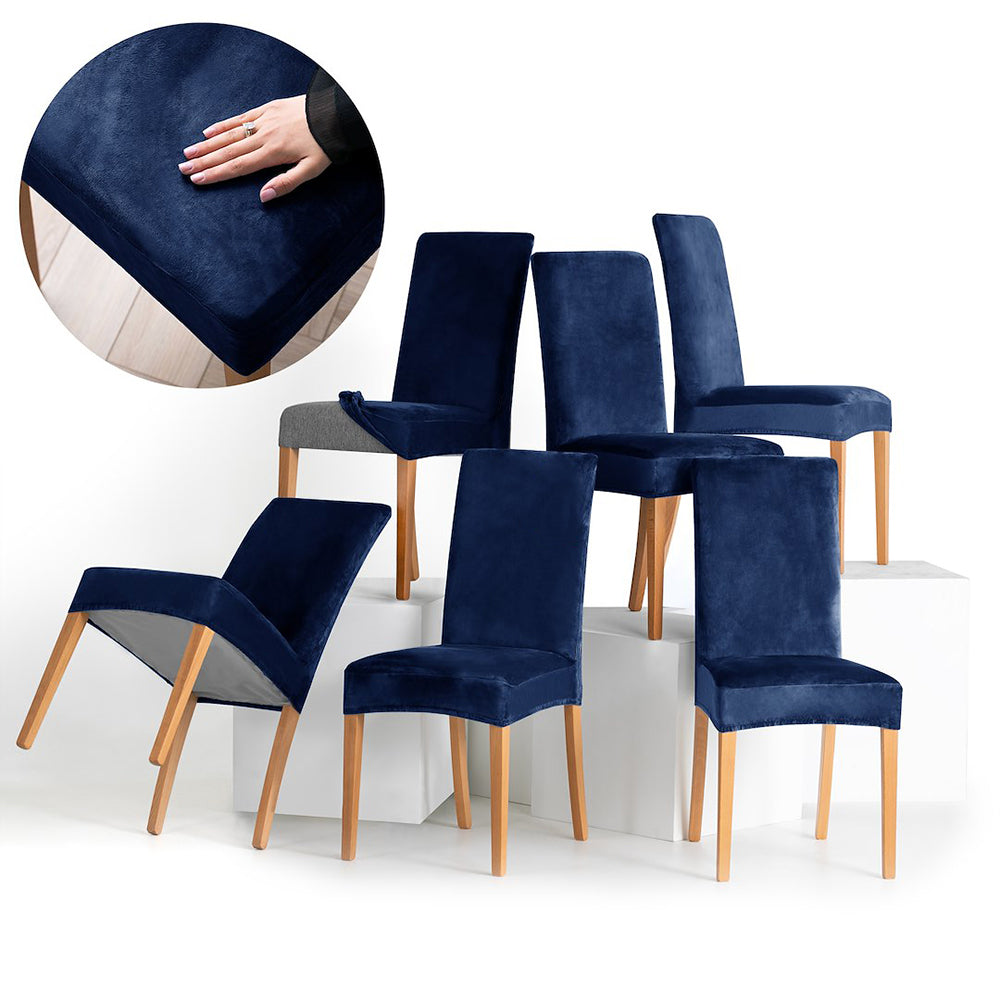 Set 6 huse pentru scaun din catifea cu elastic spatar si sezut, 190 g/m2, Sento, 48x48x58x10 cm, albastru