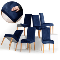 Set 6 huse pentru scaun din catifea cu elastic spatar si sezut, 190 g/m2, Sento, 48x48x58x10 cm, albastru