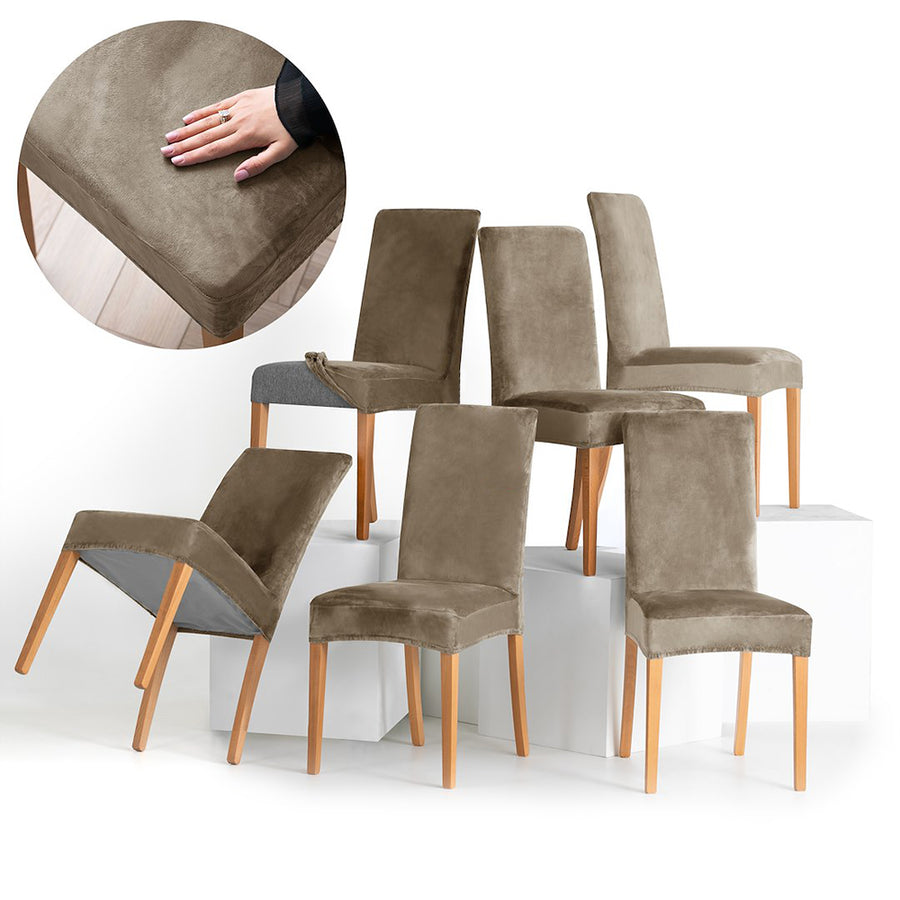 Set 6 huse pentru scaun din catifea cu elastic spatar si sezut, 190 g/m2, Sento, 48x48x58x10 cm, bej
