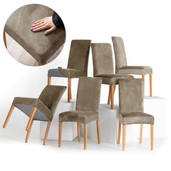 Set 6 huse pentru scaun din catifea cu elastic spatar si sezut, 190 g/m2, Sento, 48x48x58x10 cm, bej
