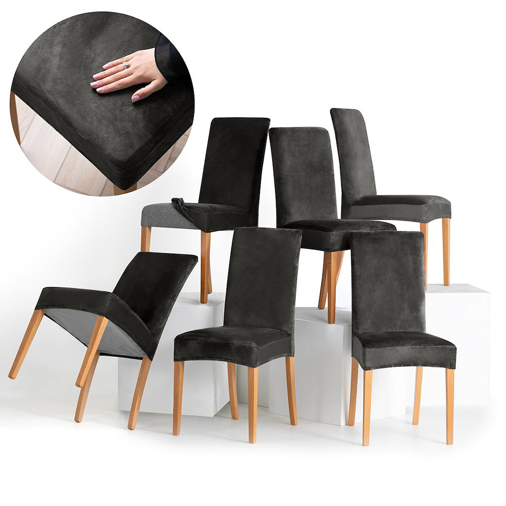 Set 6 huse pentru scaun din catifea cu elastic spatar si sezut, 190 g/m2, Sento, 48x48x58x10 cm, gri inchis