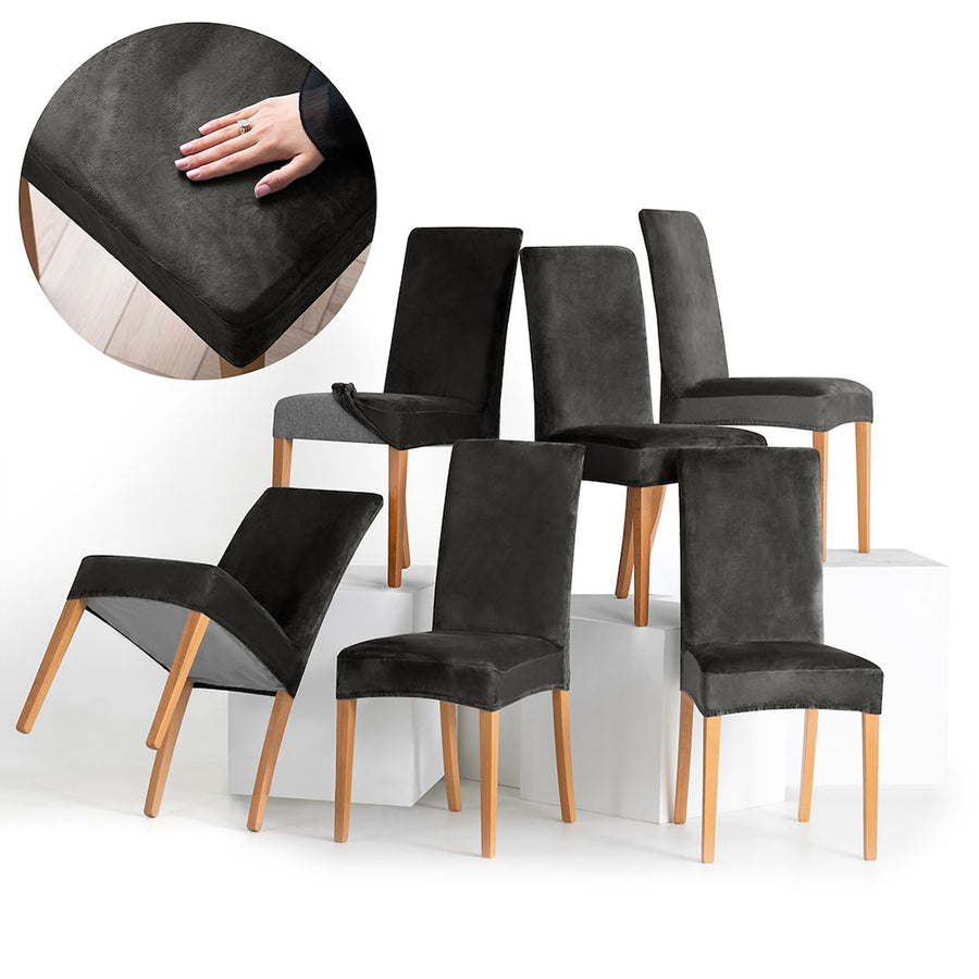 Set 6 huse pentru scaun din catifea cu elastic spatar si sezut, 190 g/m2, Sento, 48x48x58x10 cm, gri inchis