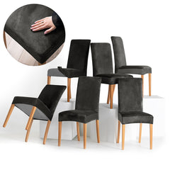 Set 6 huse pentru scaun din catifea cu elastic spatar si sezut, 190 g/m2, Sento, 48x48x58x10 cm, gri inchis