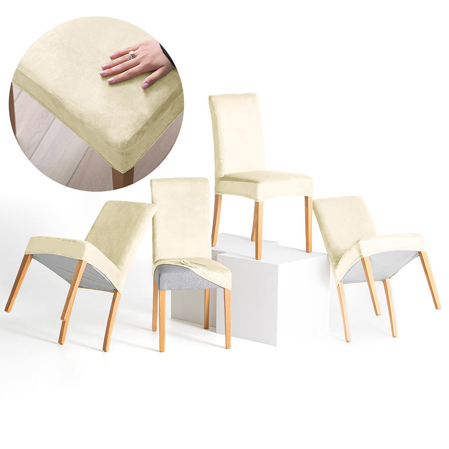 Set 4 huse pentru scaun din catifea cu elastic spatar si sezut, 190 g/m2, Sento, 48x48x58x10 cm, crem