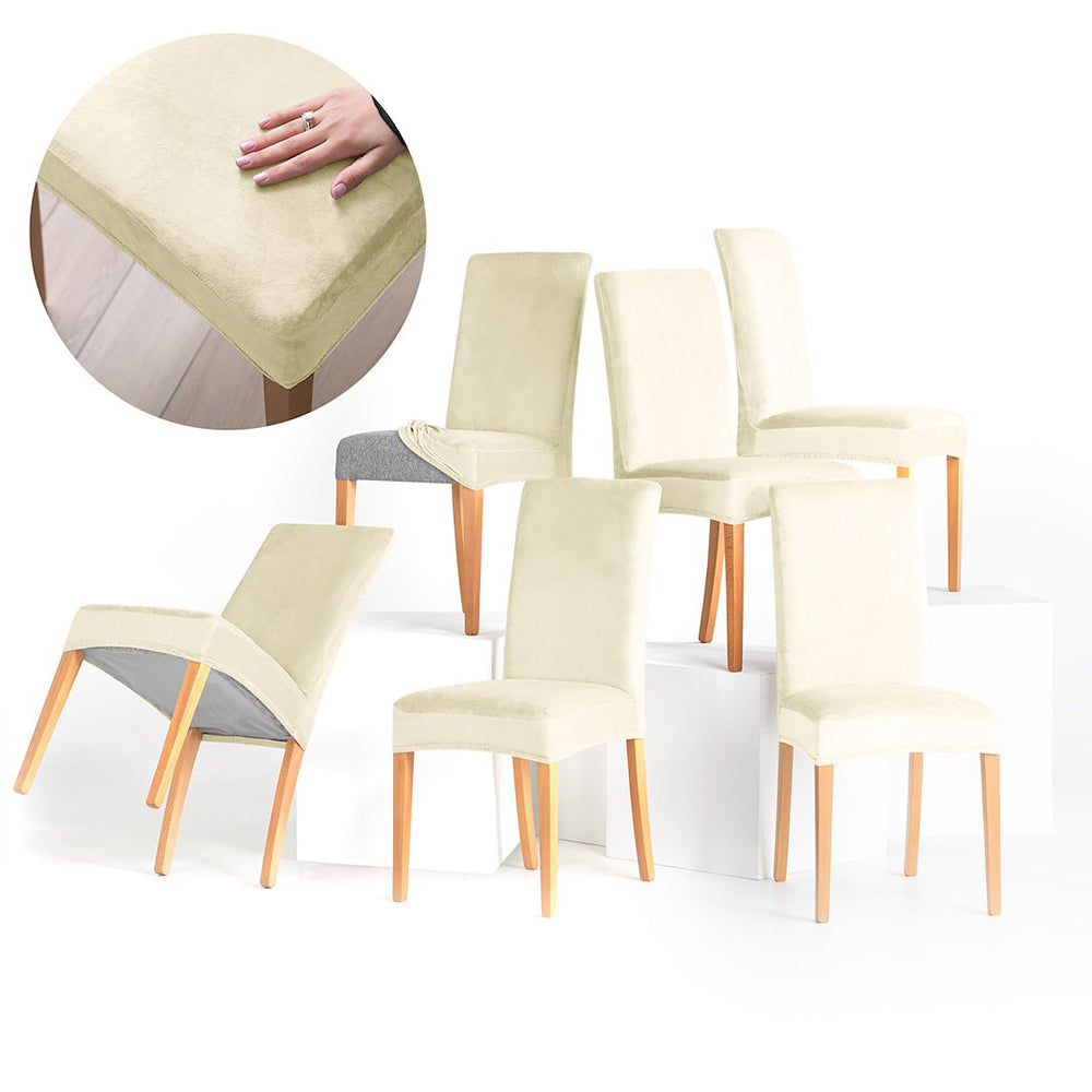 Set 6 huse pentru scaun din catifea cu elastic spatar si sezut, 190 g/m2, Sento, 48x48x58x10 cm, crem