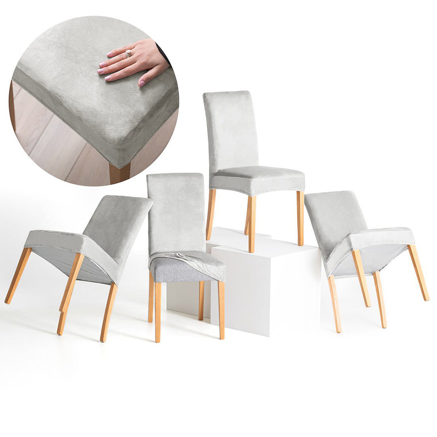 Set 4 huse pentru scaun din catifea cu elastic spatar si sezut, 190 g/m2, Sento, 48x48x58x10 cm, gri