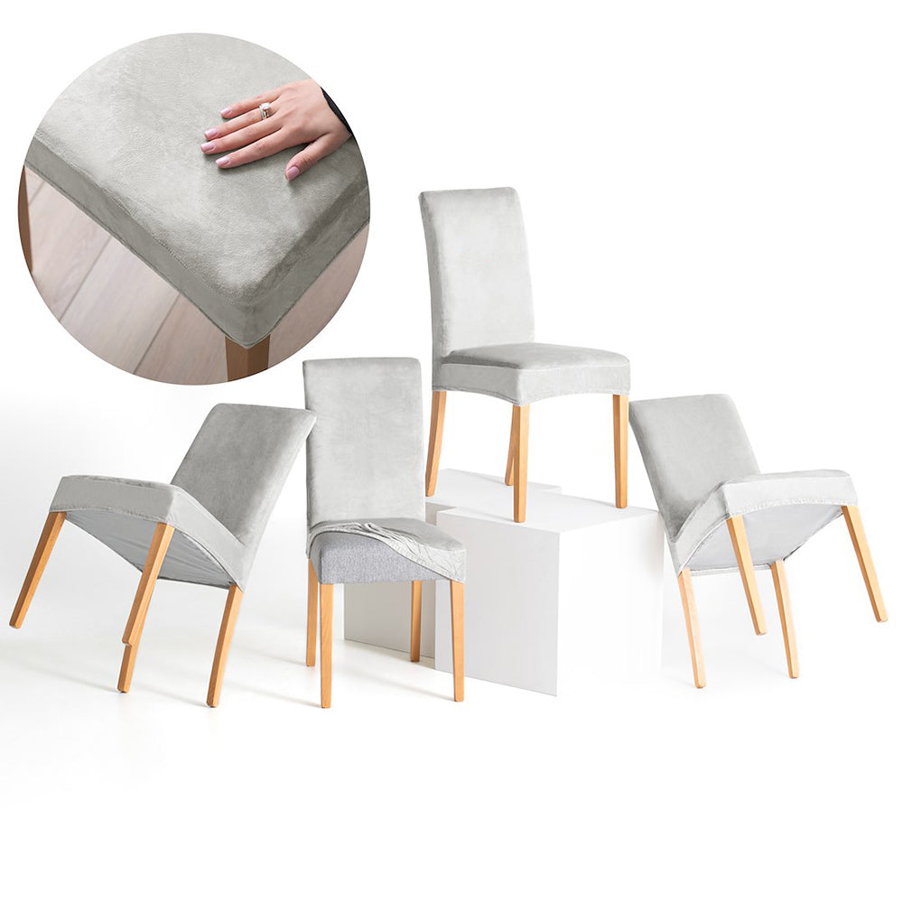 Set 4 huse pentru scaun din catifea cu elastic spatar si sezut, 190 g/m2, Sento, 48x48x58x10 cm, gri