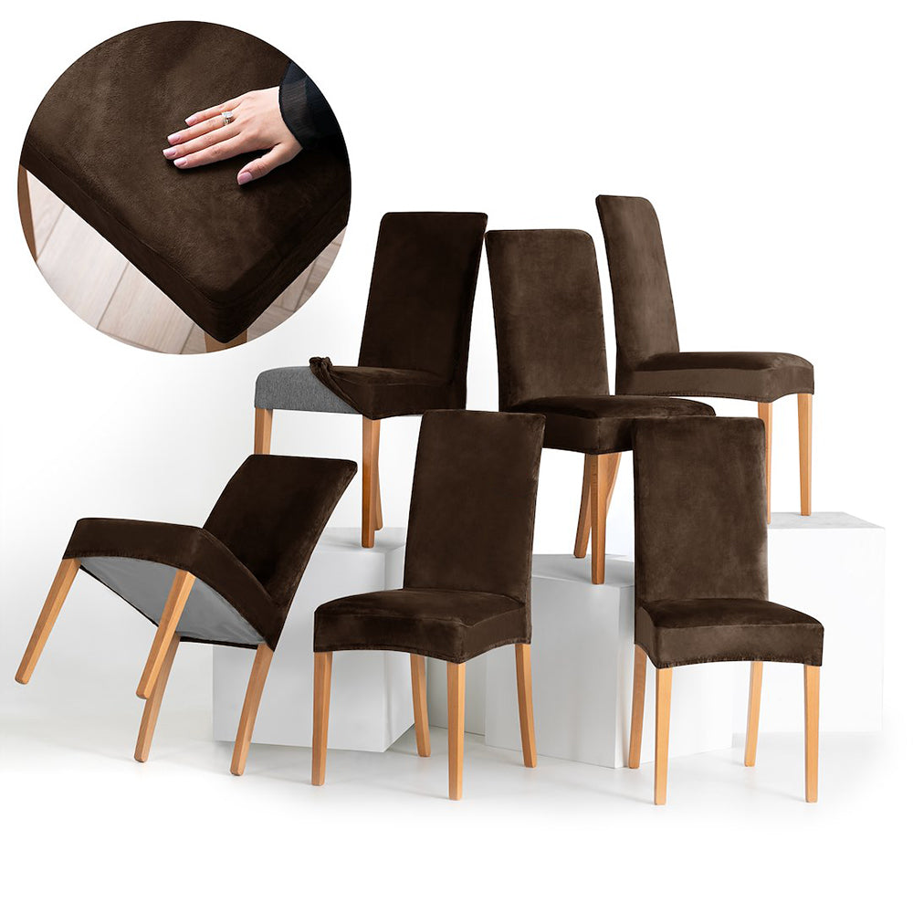 Set 6 huse pentru scaun din catifea cu elastic spatar si sezut, 190 g/m2, Sento, 48x48x58x10 cm, maro