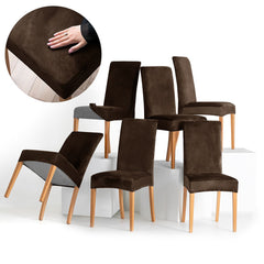 Set 6 huse pentru scaun din catifea cu elastic spatar si sezut, 190 g/m2, Sento, 48x48x58x10 cm, maro