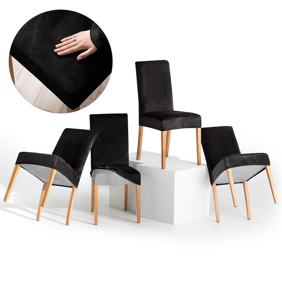 Set 4 huse pentru scaun din catifea cu elastic spatar si sezut, 190 g/m2, Sento, 48x48x58x10 cm, negru