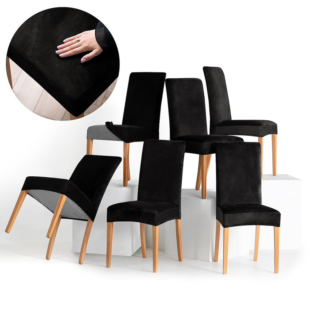 Set 6 huse pentru scaun din catifea cu elastic spatar si sezut, 190 g/m2, Sento, 48x48x58x10 cm, negru