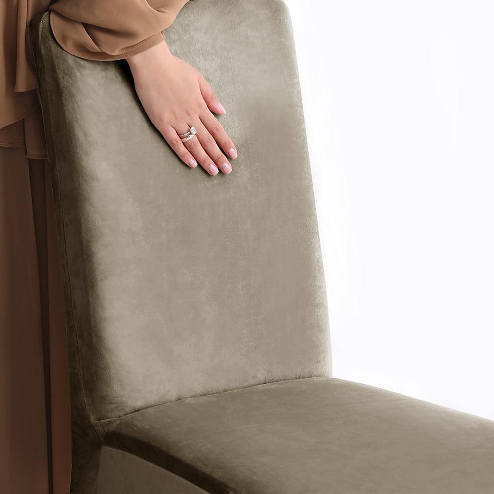 Set 6 huse pentru scaun din catifea cu elastic spatar si sezut, 190 g/m2, Sento, 48x48x58x10 cm, bej