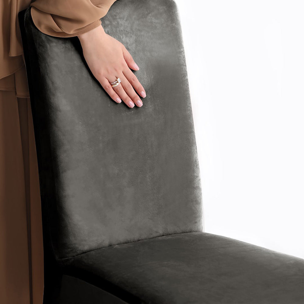 Husa pentru scaun din catifea cu elastic spatar si sezut, 190 g/m2, Sento, 48x48x58x10 cm, gri inchis, 1 buc
