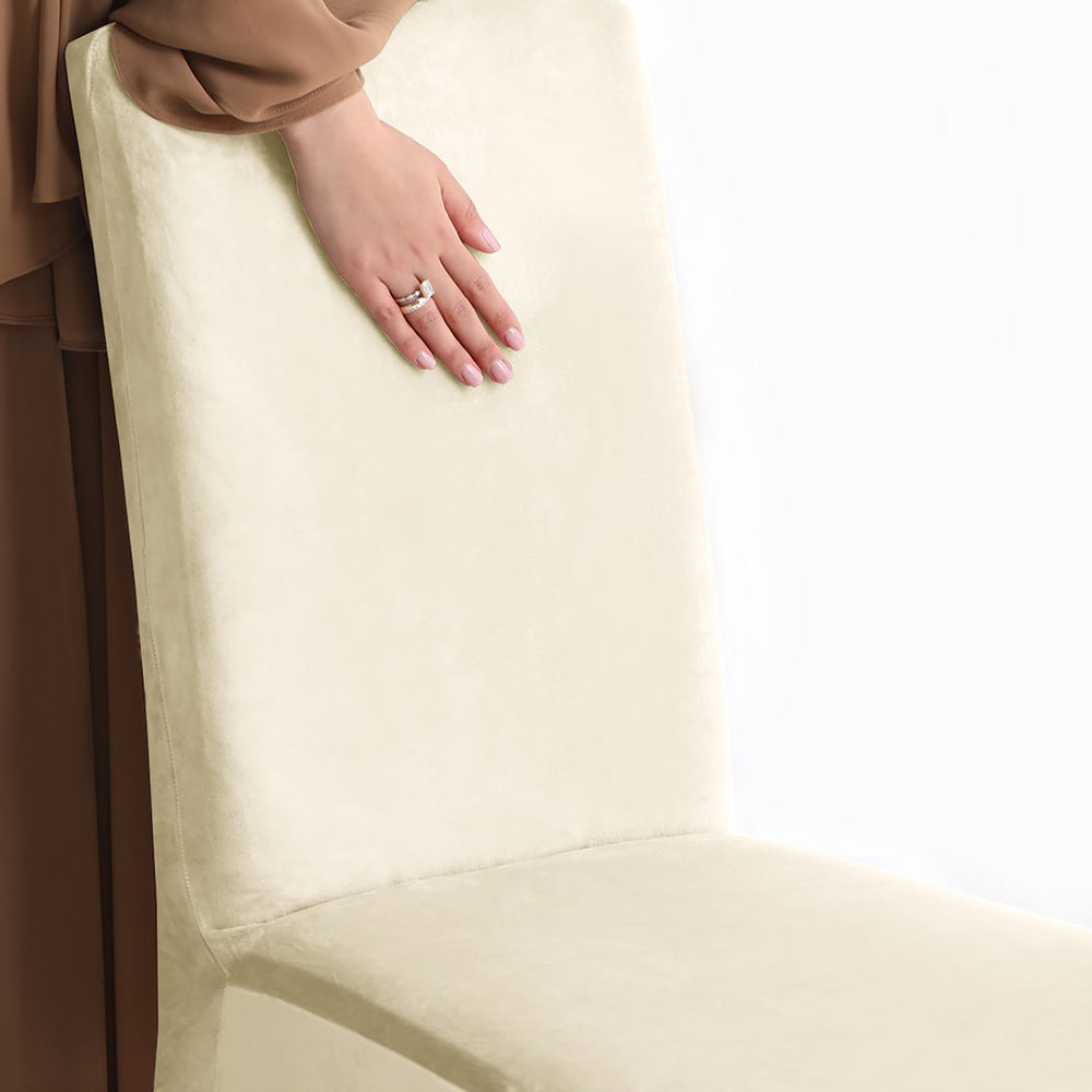 Set 4 huse pentru scaun din catifea cu elastic spatar si sezut, 190 g/m2, Sento, 48x48x58x10 cm, crem