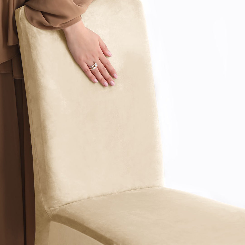 Set 4 huse pentru scaun din catifea cu elastic spatar si sezut, 190 g/m2, Sento, 48x48x58x10 cm, bej deschis