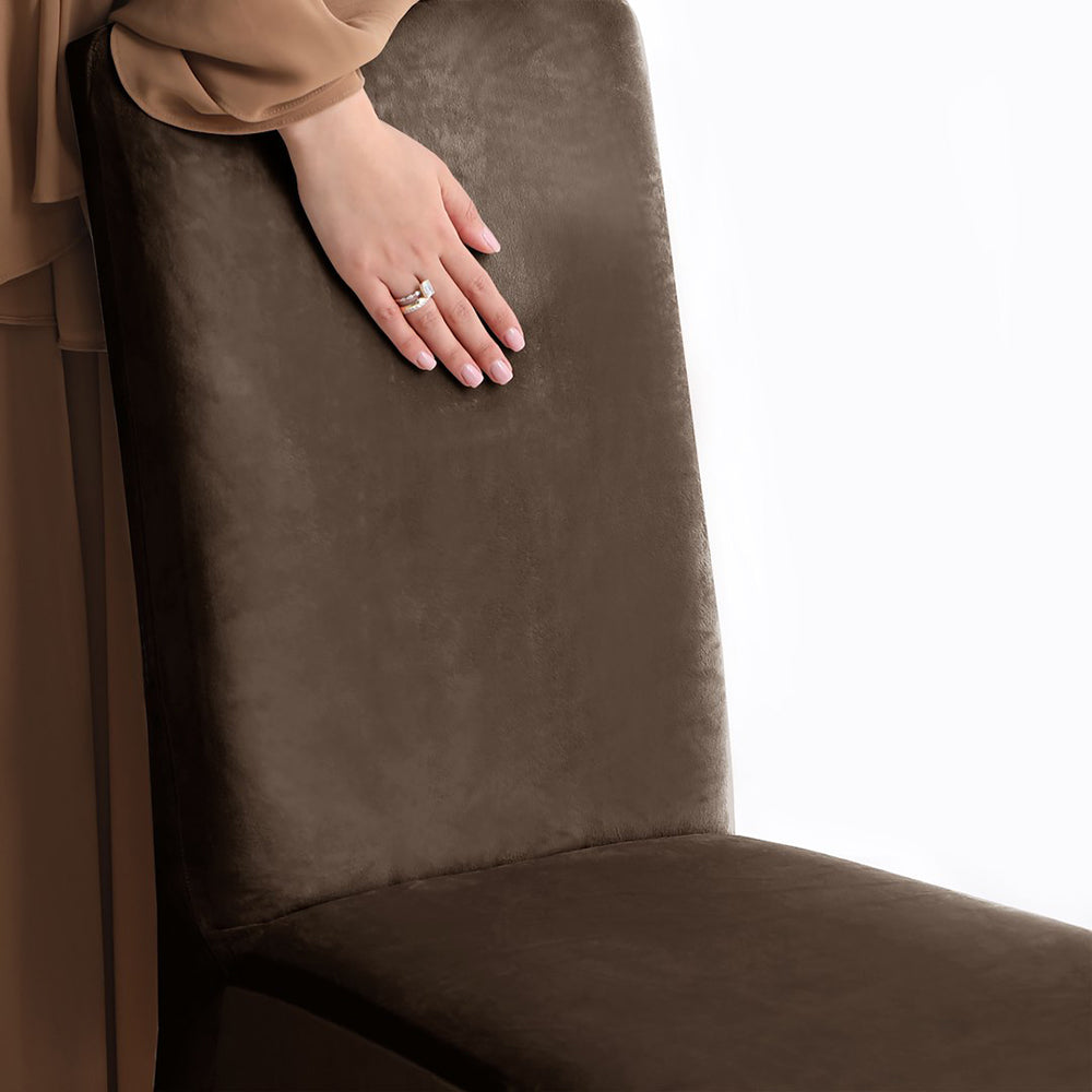 Set 6 huse pentru scaun din catifea cu elastic spatar si sezut, 190 g/m2, Sento, 48x48x58x10 cm, maro