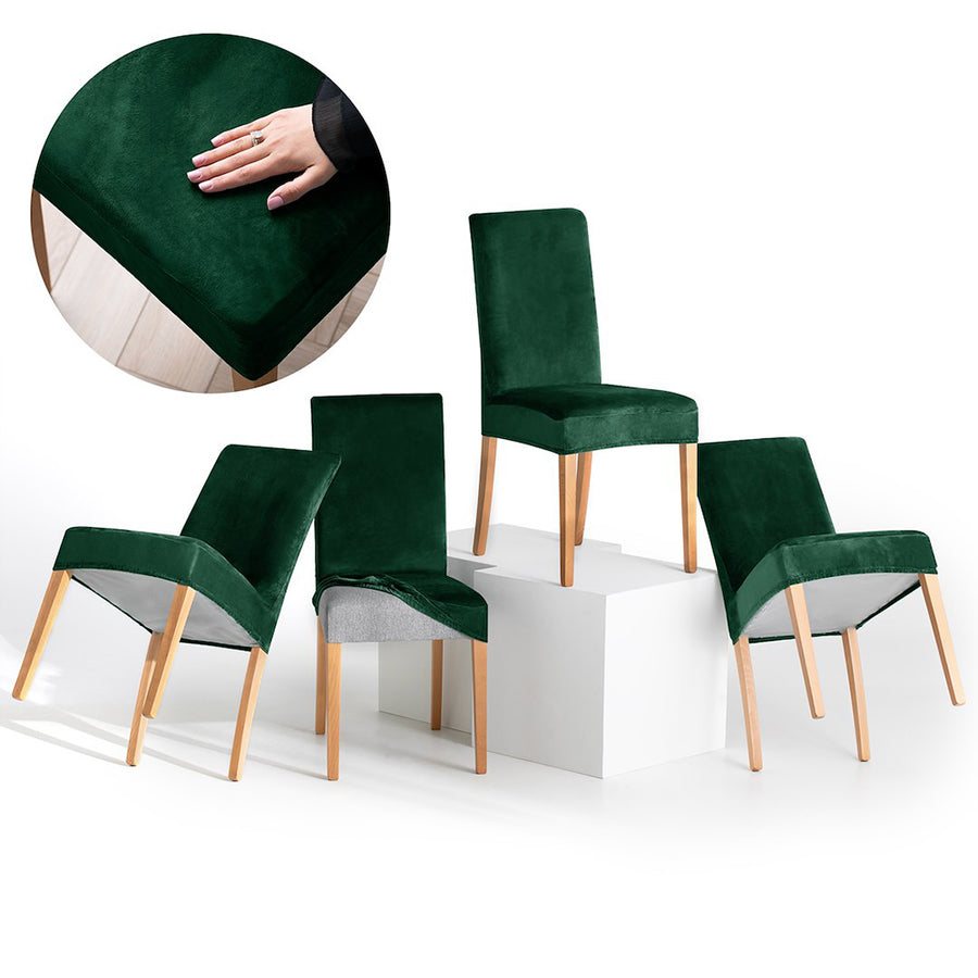 Set 4 huse pentru scaun din catifea cu elastic spatar si sezut, 190 g/m2, Sento, 48x48x58x10 cm, verde