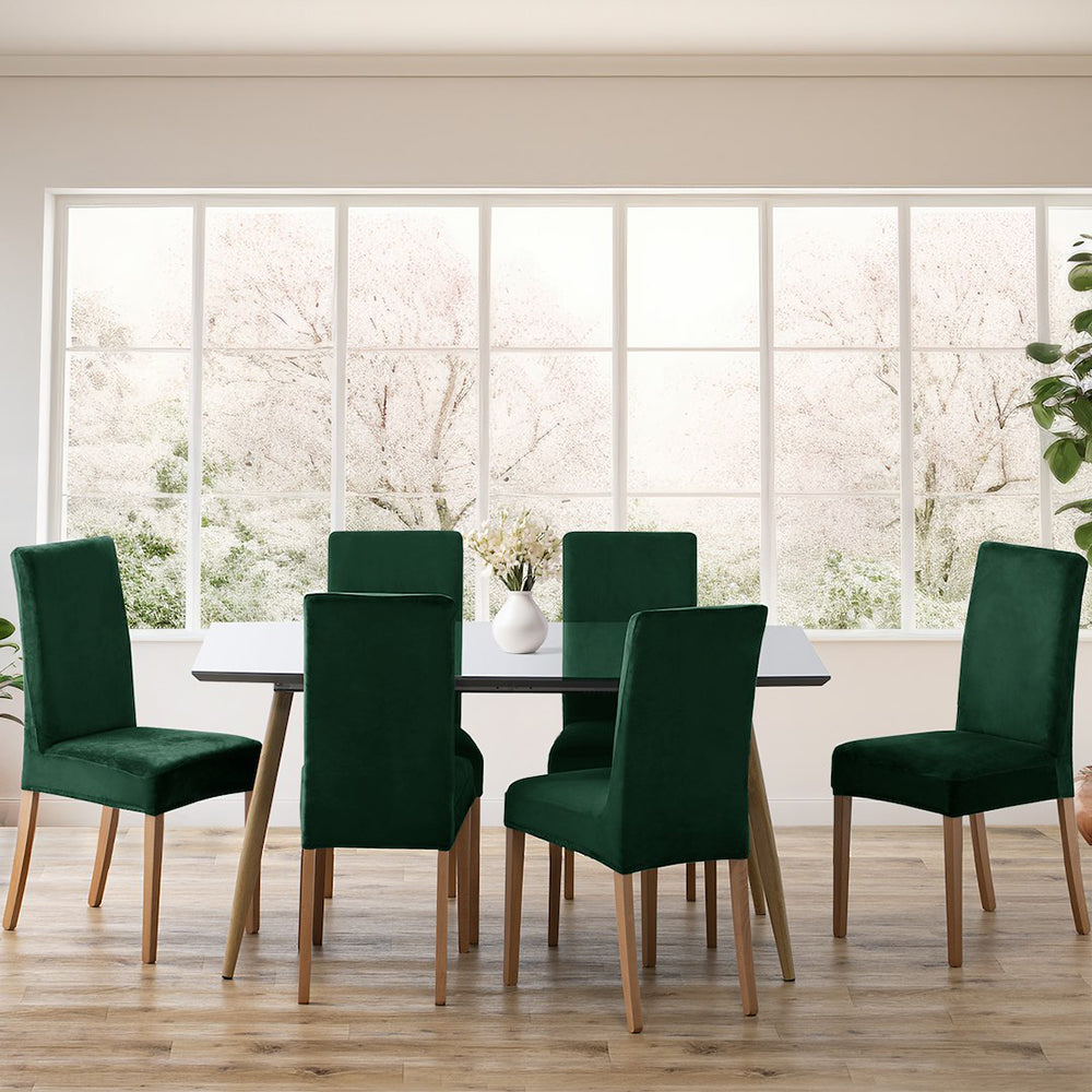 Set 4 huse pentru scaun din catifea cu elastic spatar si sezut, 190 g/m2, Sento, 48x48x58x10 cm, verde