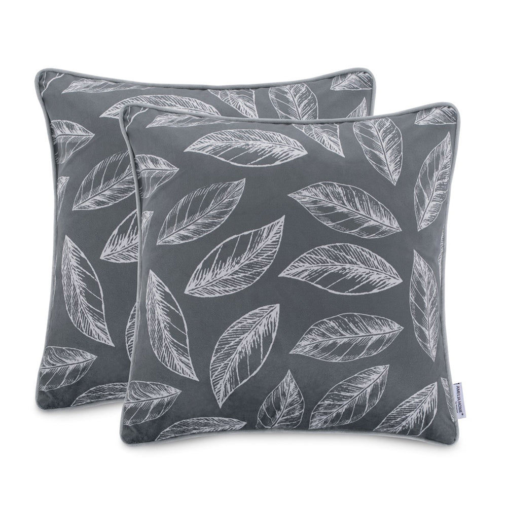 Set 2 huse pernute decorative din catifea cu motiv frunze, Calm, Gri