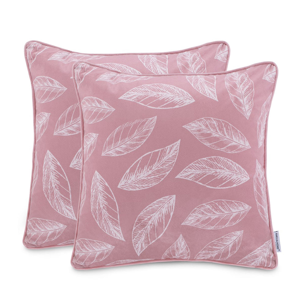 Set 2 huse pernute decorative din catifea cu motiv frunze, Calm, Roz