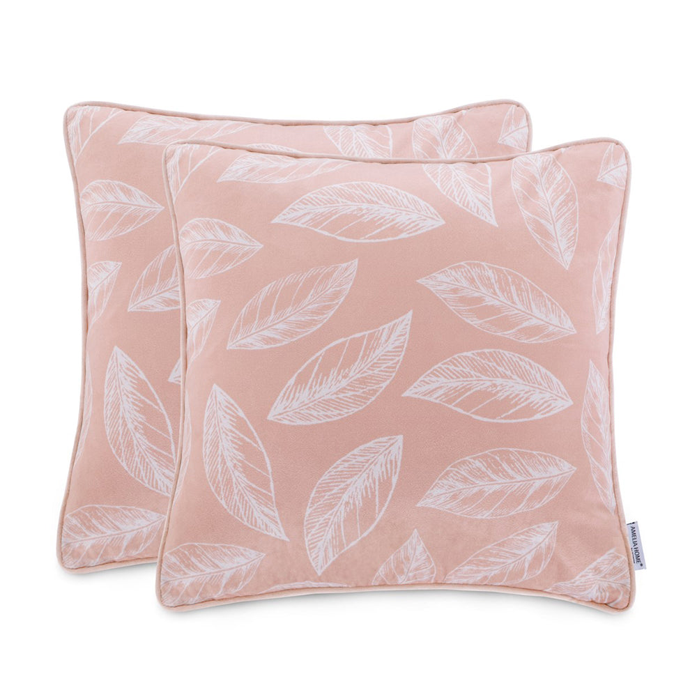 Set 2 huse pernute decorative din catifea cu motiv frunze, Calm, Roz pudrat