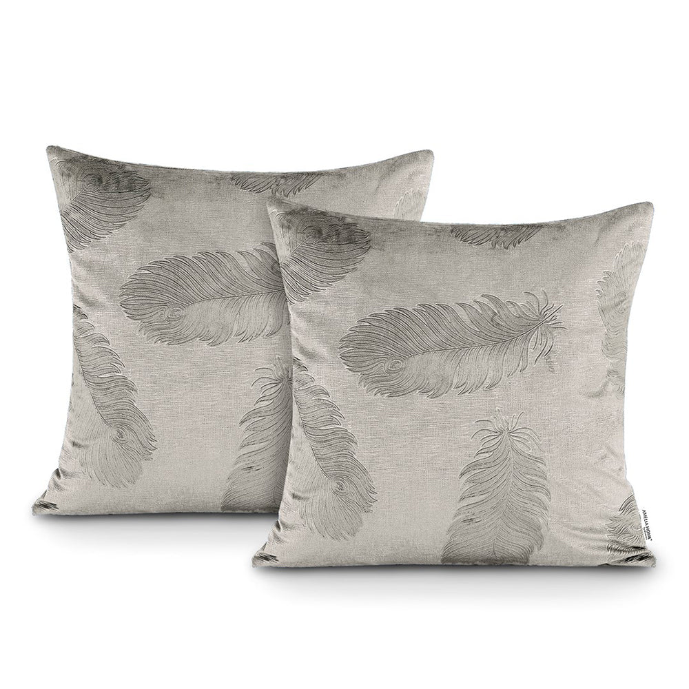Set 2 huse perne decorative din catifea model pene de paun, 220 g/m2, Cappuccino
