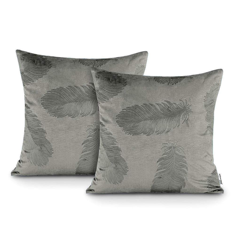 Set 2 huse perne decorative din catifea model pene de paun, 220 g/m2, Gri