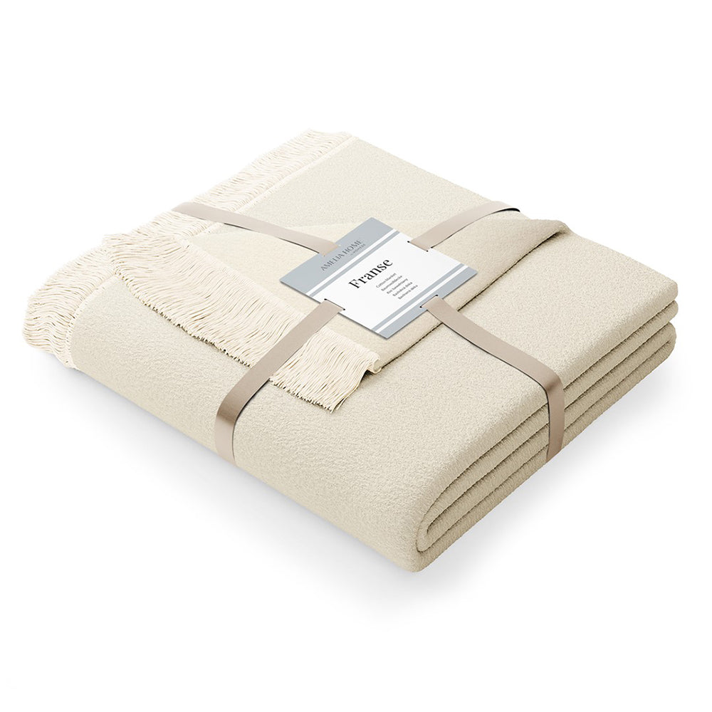Patura din bumbac model vintage cu franjuri, Franse, 430 g/m2, crem