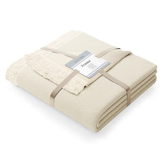 Patura din bumbac model vintage cu franjuri, Franse, 430 g/m2, crem