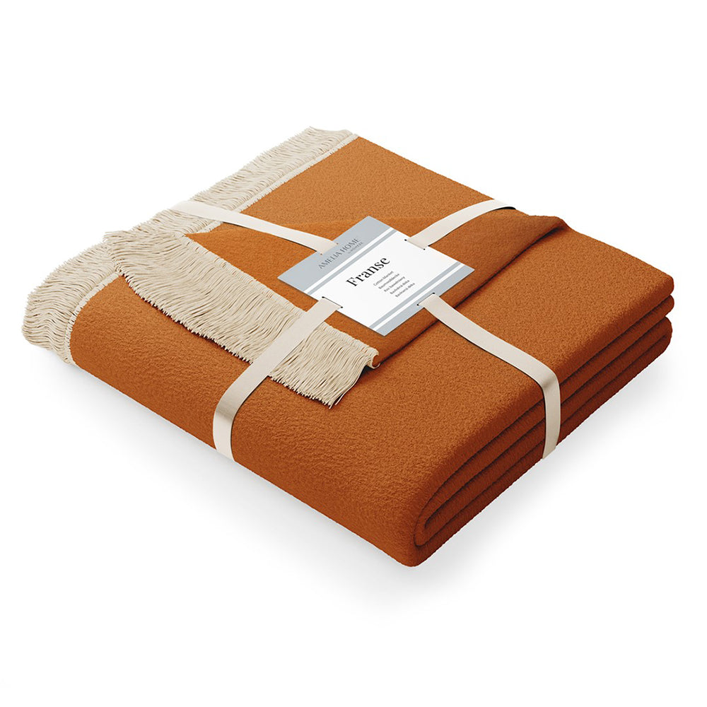Patura din bumbac model vintage cu franjuri, Franse, 430 g/m2, ocru