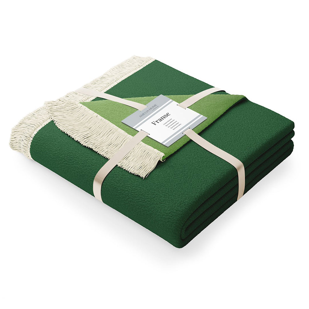 Patura din bumbac model vintage cu franjuri, Franse, 430 g/m2, verde