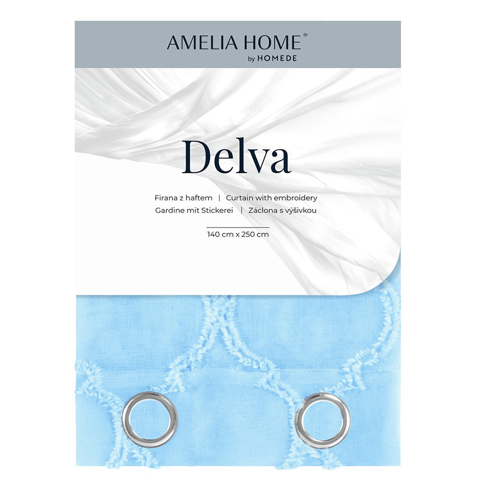 Perdea voal stil clasic brodat cu inele, Delva, blue pastel