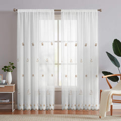 Set perdea tip in cu broderie model cesti de cafea si rejansa din bumbac tip fagure, Tajana, Alb, 2 buc