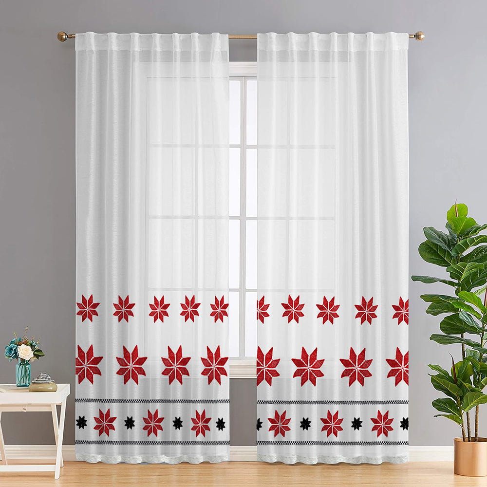 Set perdea in cu broderie motiv rustic negru si rosu si rejansa transparenta cu ate pentru galerie, Eleonora, Alb, 2 buc