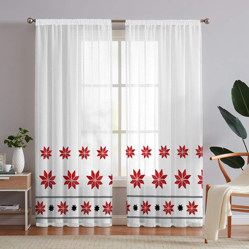 Perdea in cu broderie motiv rustic negru si rosu si rejansa din bumbac tip fagure, Eleonora, Alb