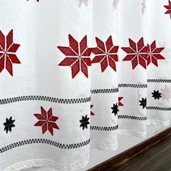 Perdea in cu broderie motiv rustic negru si rosu si rejansa din bumbac tip fagure, Eleonora, Alb