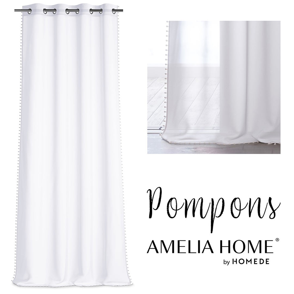 Perdea din voal si tiv decorativ cu inele, Pompons, alb