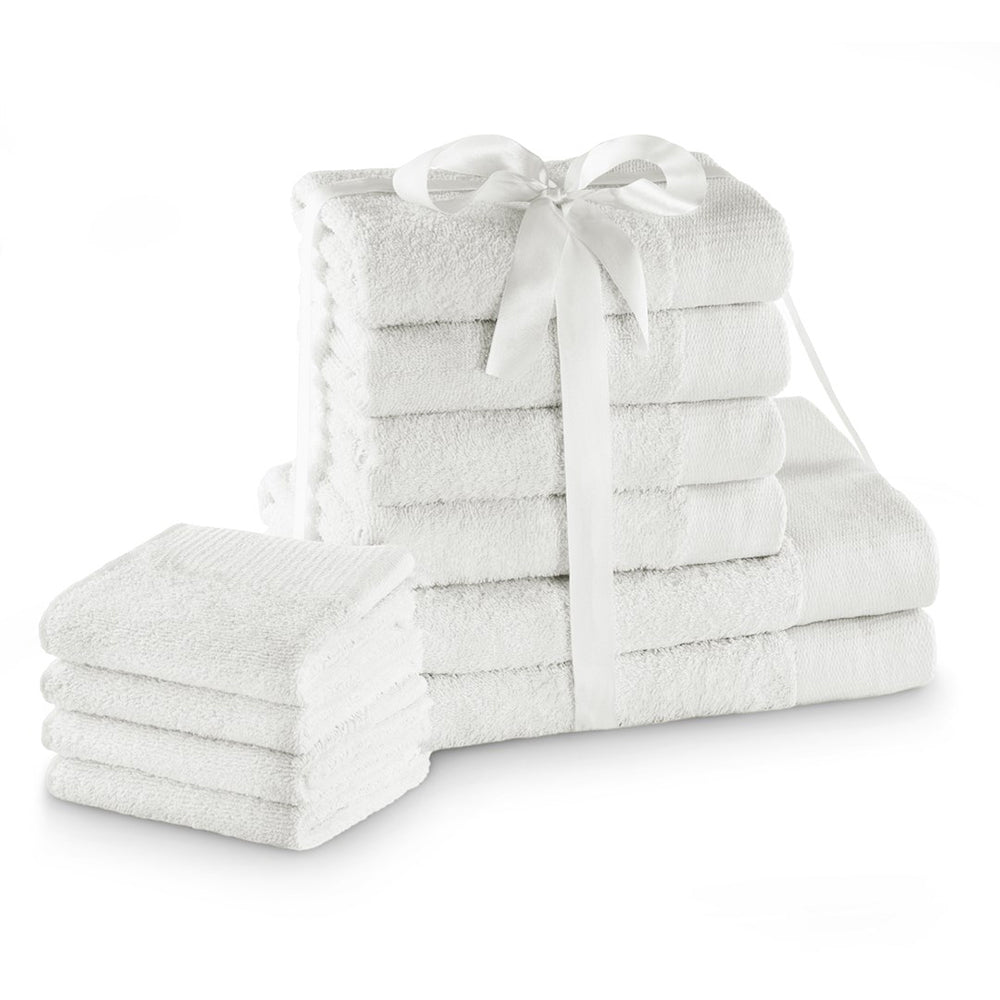 Set 10 prosoape de baie stil modern din bumbac 100%, 450 g/mp, Amari, 2x70x140 cm, 4x50x100 cm, 4x30x50 cm, alb