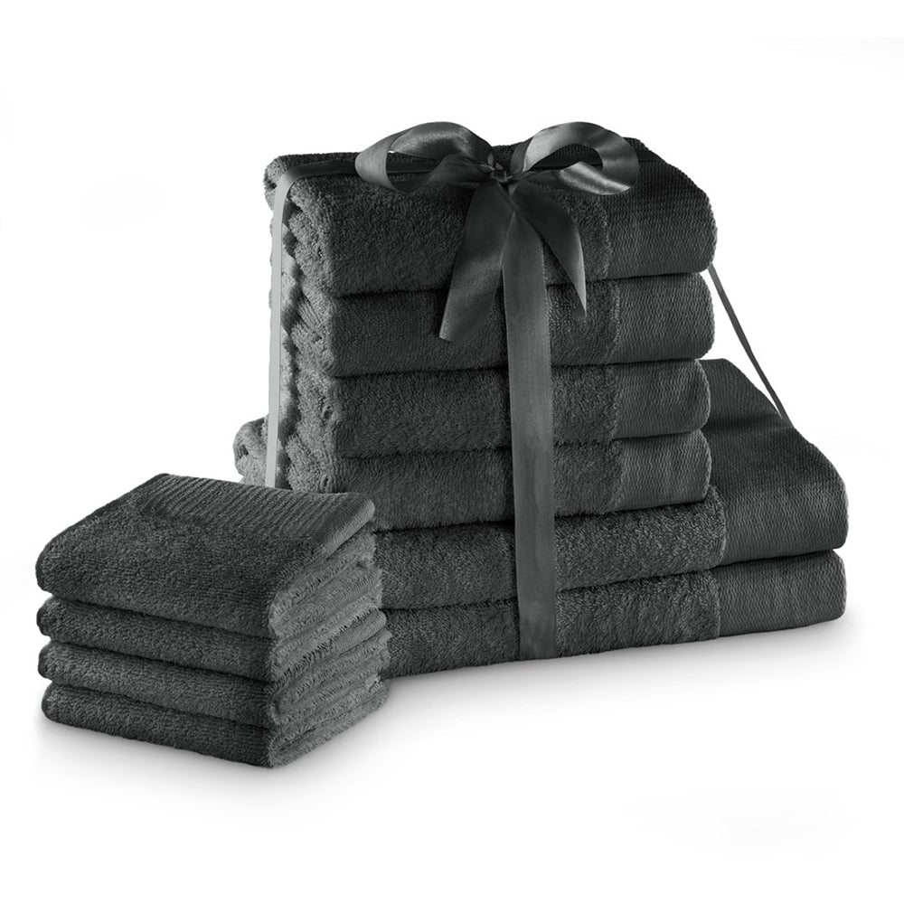 Set 10 prosoape de baie stil modern din bumbac 100%, 450 g/mp, Amari, 2x70x140 cm, 4x50x100 cm, 4x30x50 cm, gri inchis