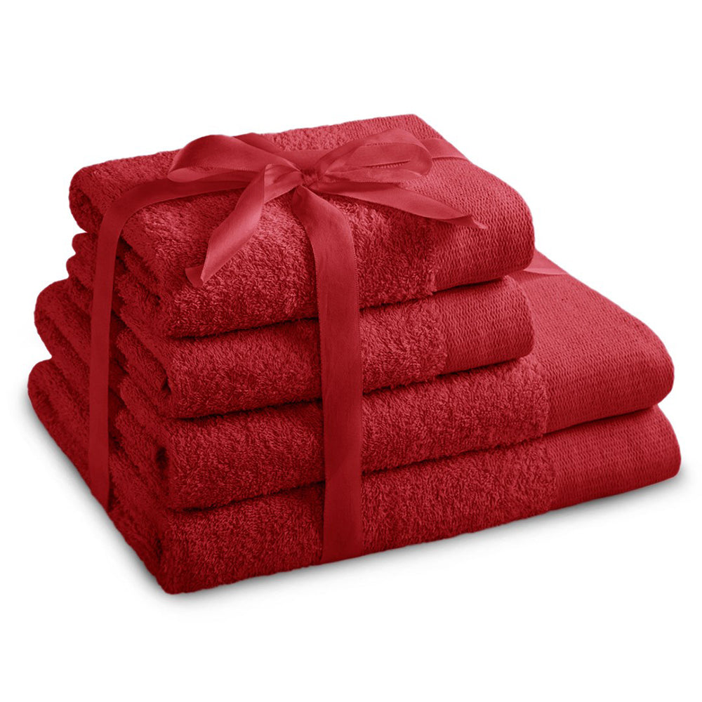 Set 4 prosoape de baie stil modern din bumbac 100%, 450 g/mp, Amari, 2x70x140 cm, 2x50x100 cm, rosu